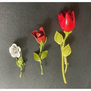 Vintage Enamel Rose Pin Set of 3 3D Red White Green Valentines Day Long Stem